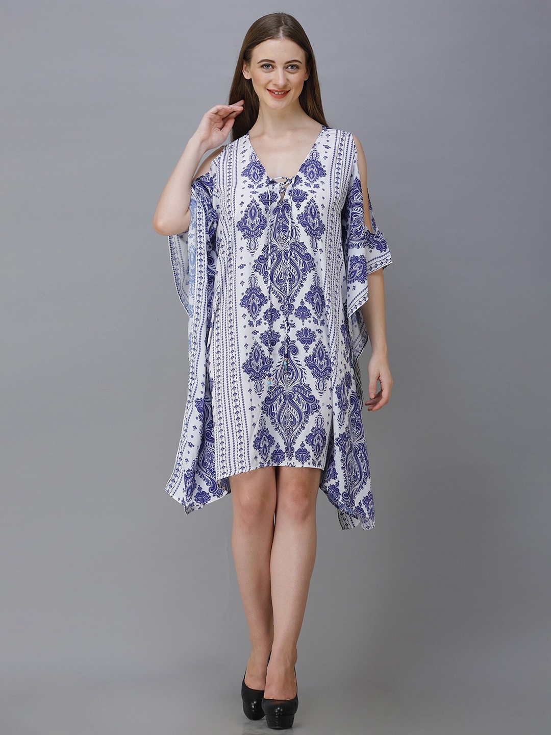 

Rajoria Instyle Off White & Navy Blue Ethnic Motifs Georgette Ethnic Kaftan Dress