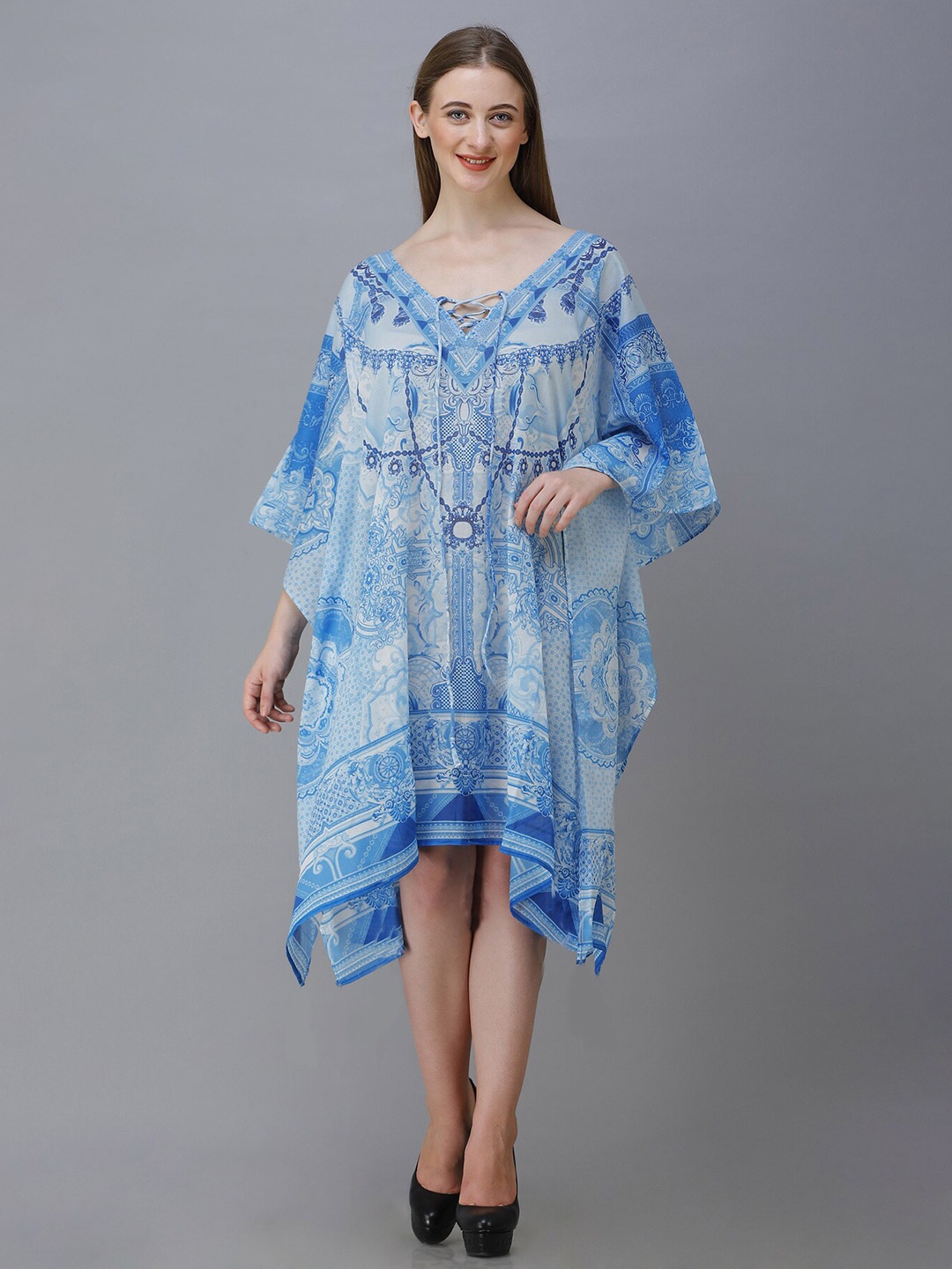 

Rajoria Instyle Blue & Grey Melange Dyed Georgette Ethnic Kaftan Midi Dress