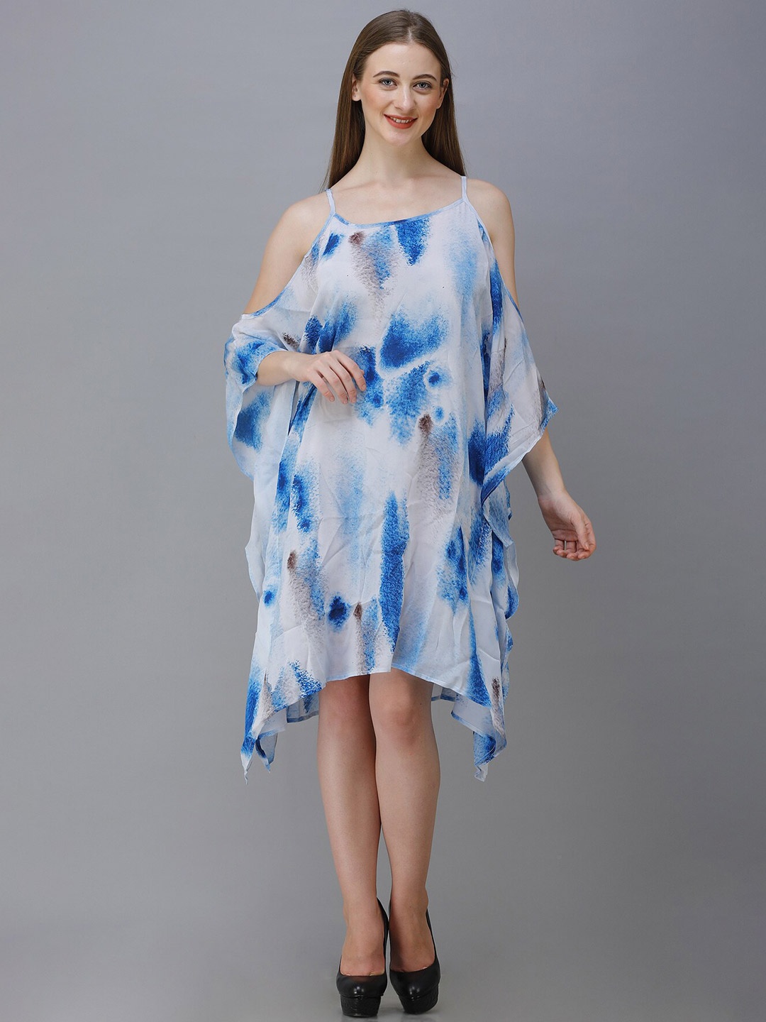 

Rajoria Instyle Off White & Blue Tie and Dye Dyed Georgette Ethnic Kaftan Dress