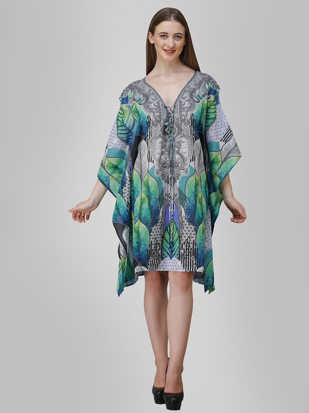 

Rajoria Instyle Multicoloured Ethnic Motifs Georgette Ethnic Kaftan Dress, Multi