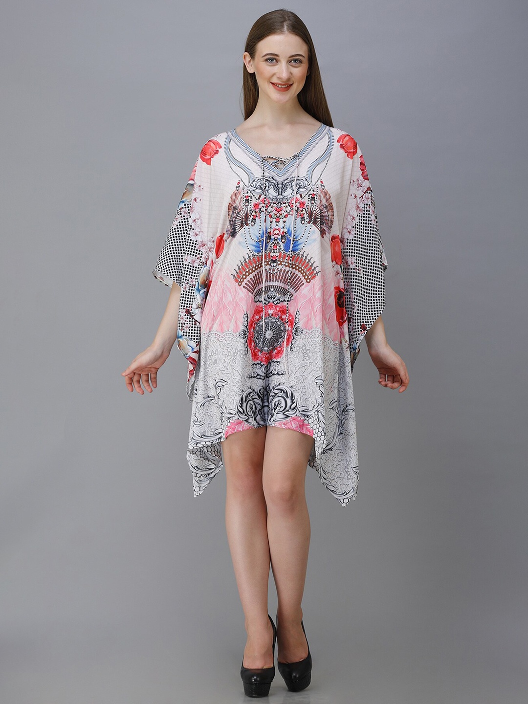 

Rajoria Instyle White & Red Floral Georgette Ethnic Kaftan Dress