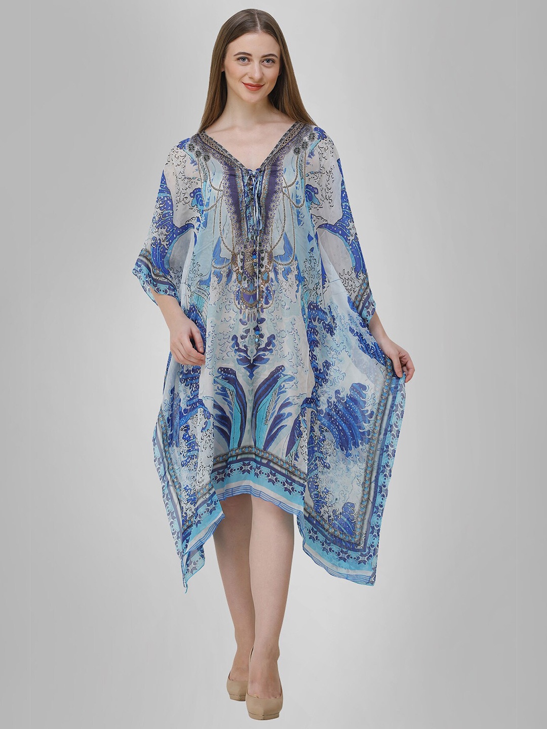 

Rajoria Instyle White & Blue Ethnic Motifs Georgette Ethnic Kaftan Dress
