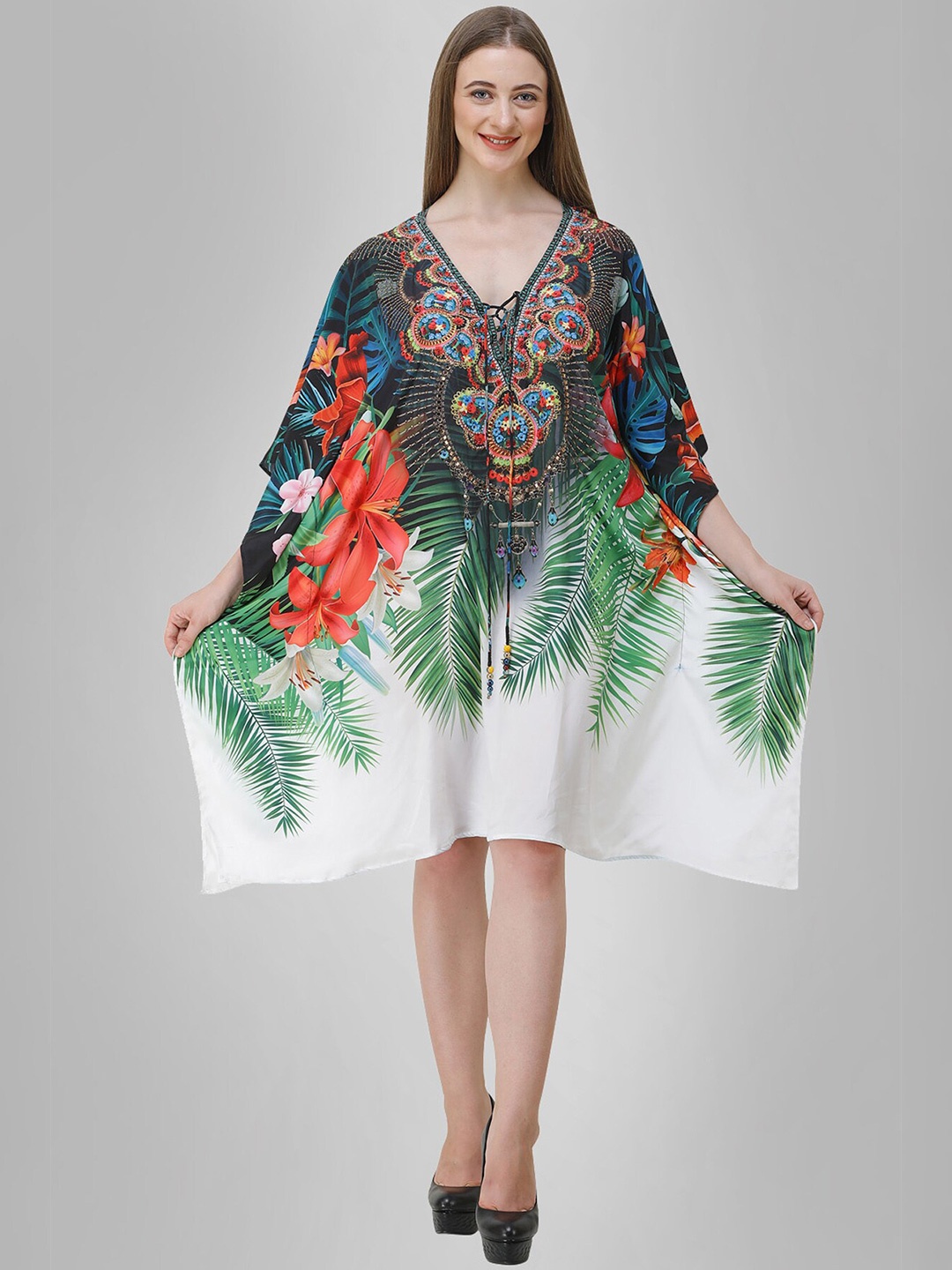 

Rajoria Instyle White & Green Tropical Georgette Ethnic Kaftan Dress