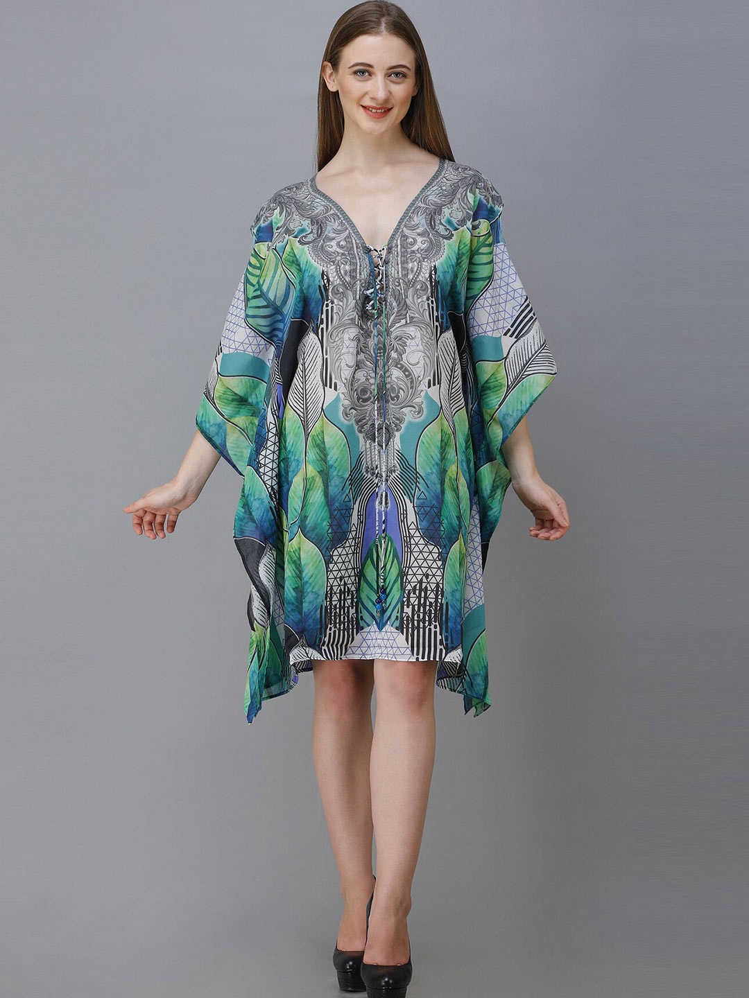 

Rajoria Instyle Grey Melange & Green Ethnic Motifs Georgette Ethnic Kaftan Dress
