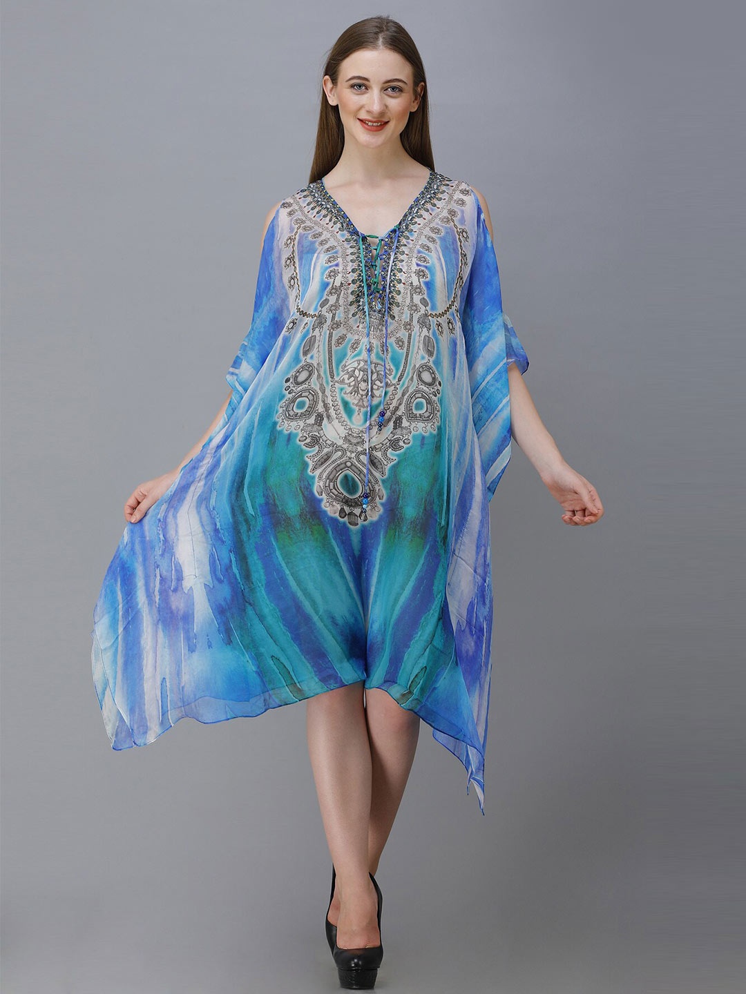 

Rajoria Instyle Multicoloured Georgette Ethnic Kaftan Midi Dress, Multi