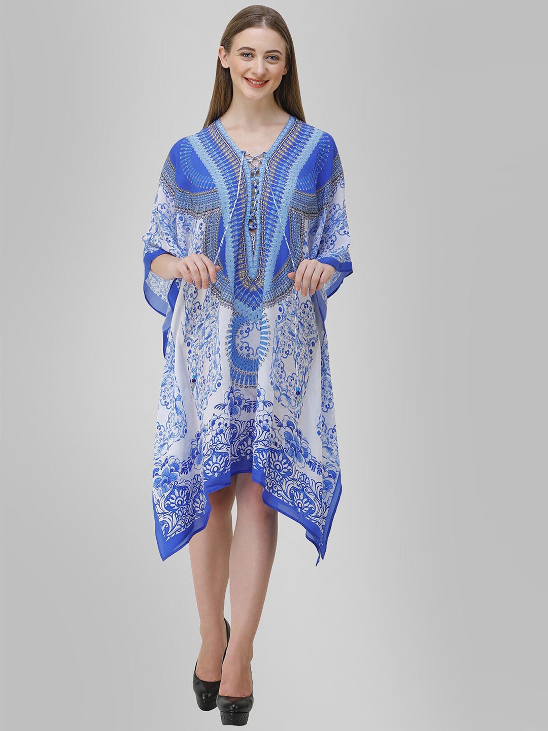 

Rajoria Instyle Blue & White Ethnic Motifs Georgette Ethnic Kaftan Dress