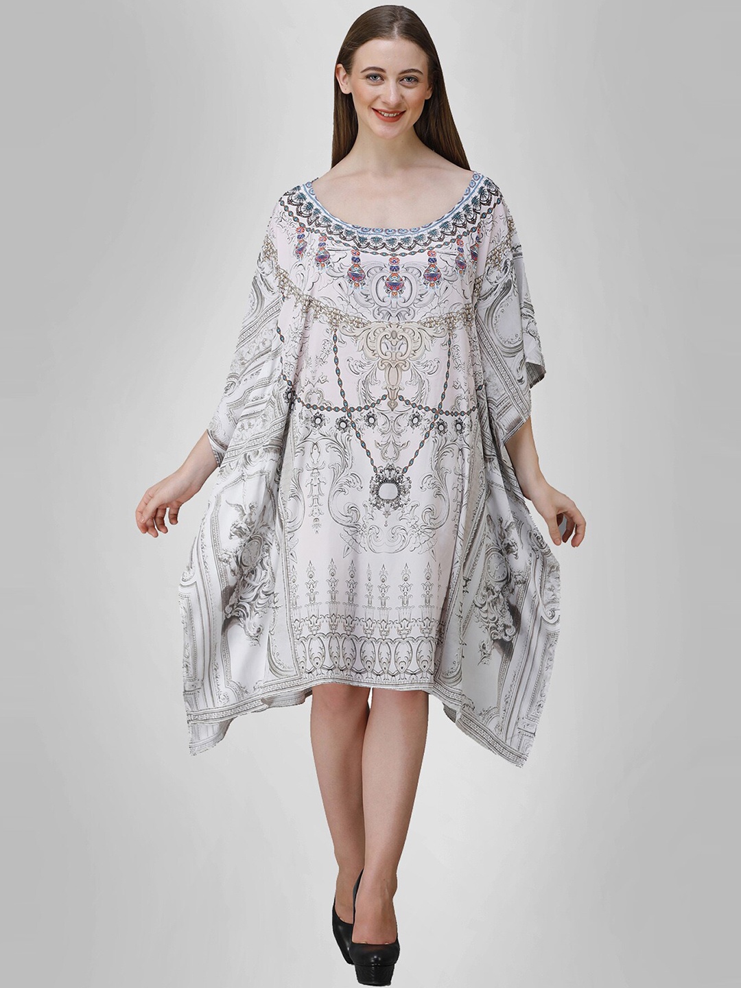 

Rajoria Instyle Multicoloured Ethnic Motifs Georgette Ethnic Kaftan Dress, Multi