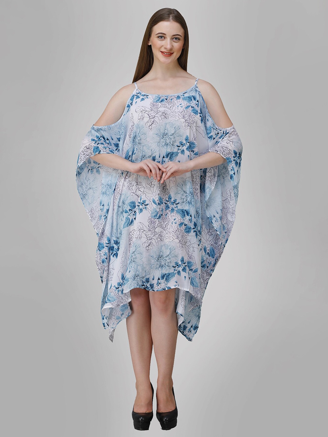 

Rajoria Instyle Blue and White Floral Georgette Ethnic Kaftan Midi Dress