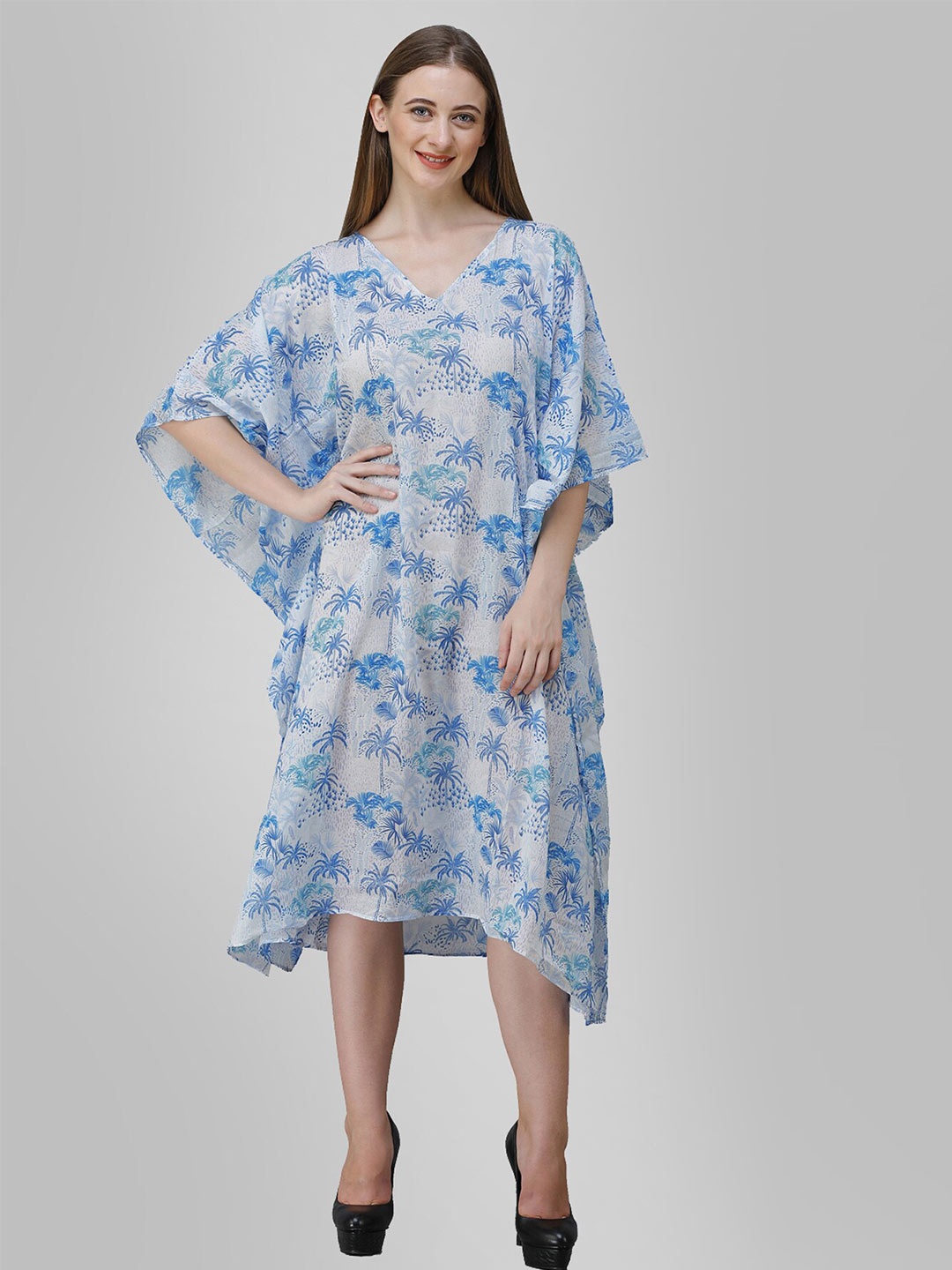 

Rajoria Instyle White & Blue Floral Georgette Ethnic Kaftan Midi Dress