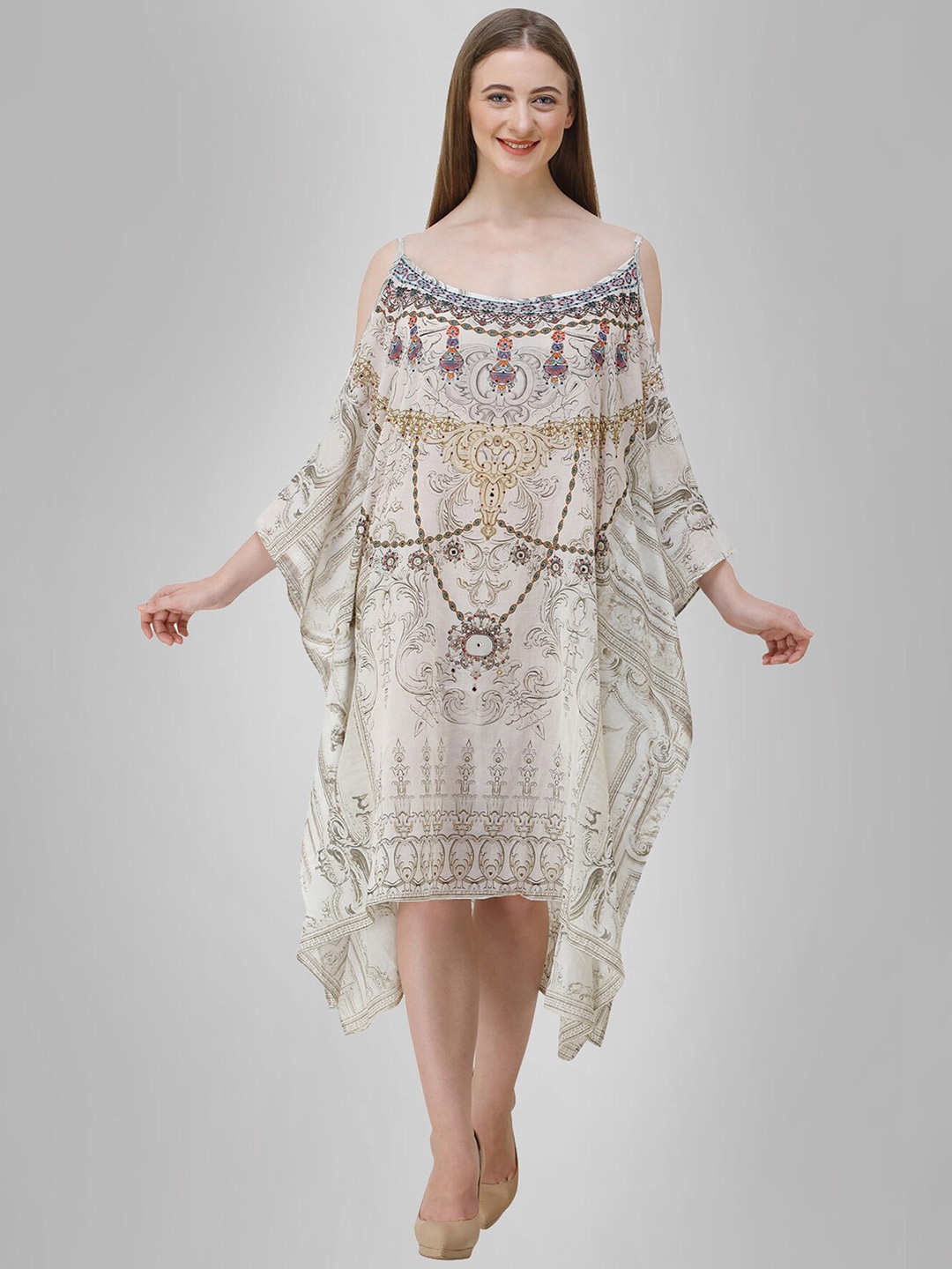 

Rajoria Instyle White & Brown Georgette Ethnic Kaftan Dress
