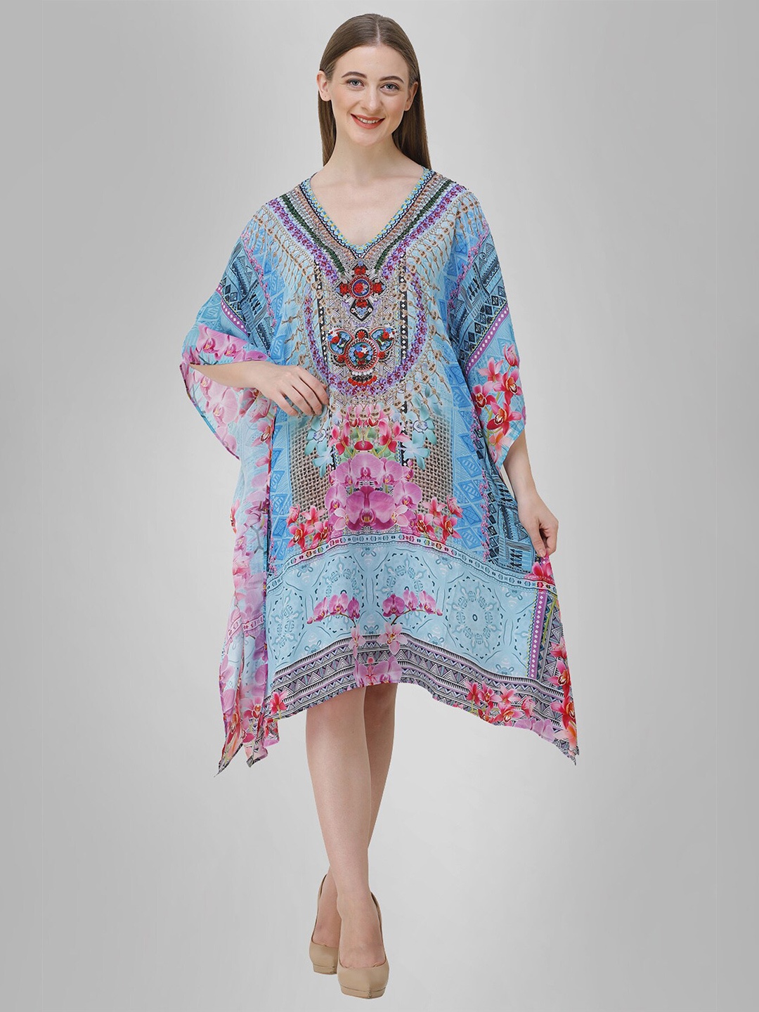 

Rajoria Instyle Blue & Pink Ethnic Motifs Georgette Ethnic Kaftan Dress