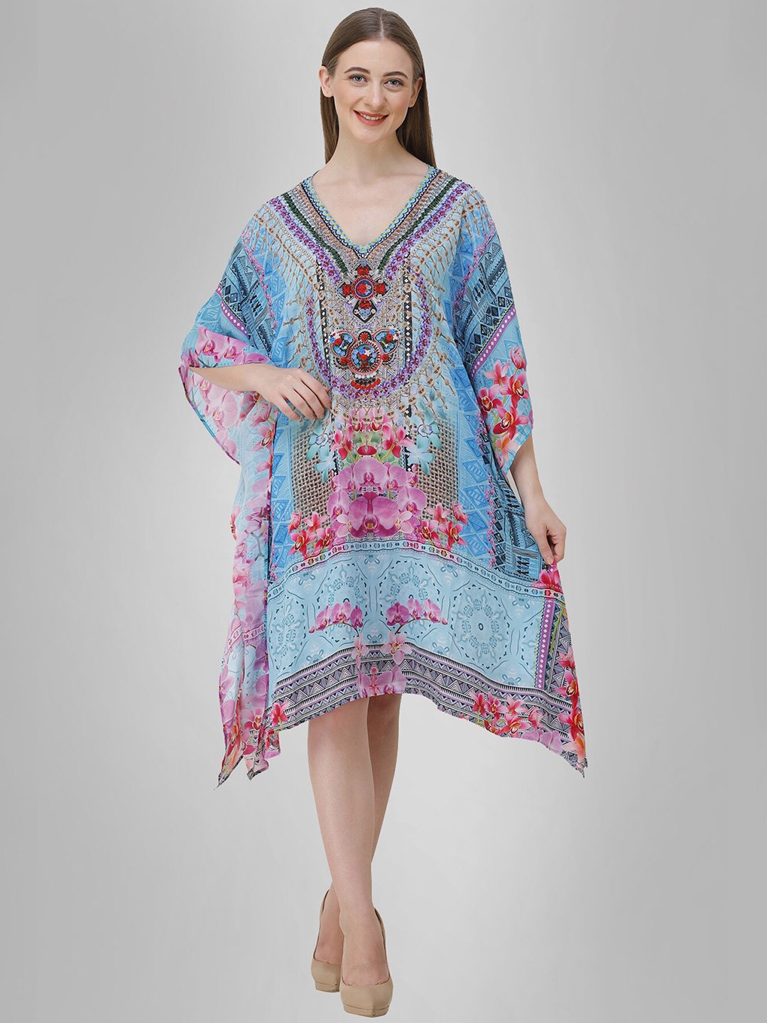 

Rajoria Instyle Women Blue Printed Georgette Ethnic Kaftan Dress