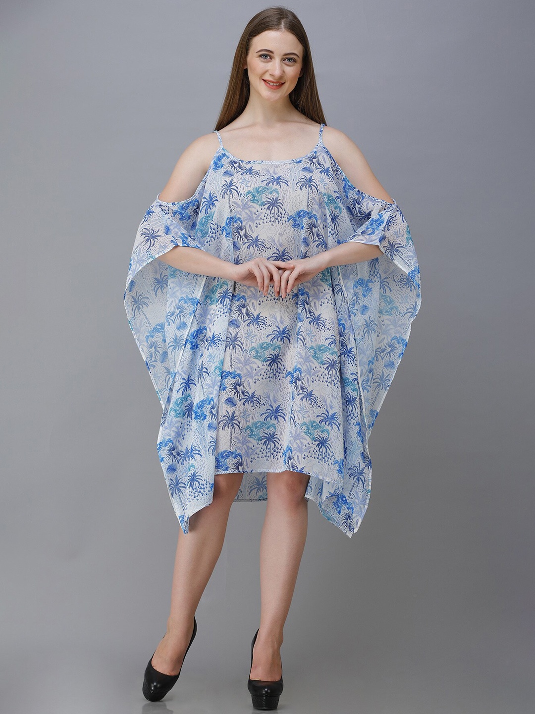 Rajoria Instyle Women Blue Floral Georgette Cold Shoulder Kaftan Dress
