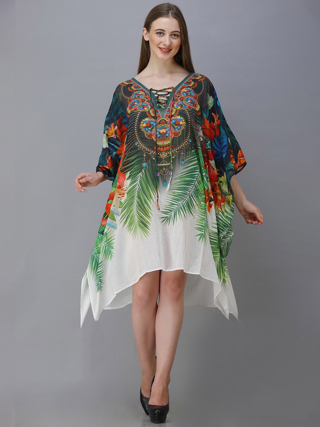 

Rajoria Instyle Women White & Green Tropical Georgette Ethnic Kaftan Dress