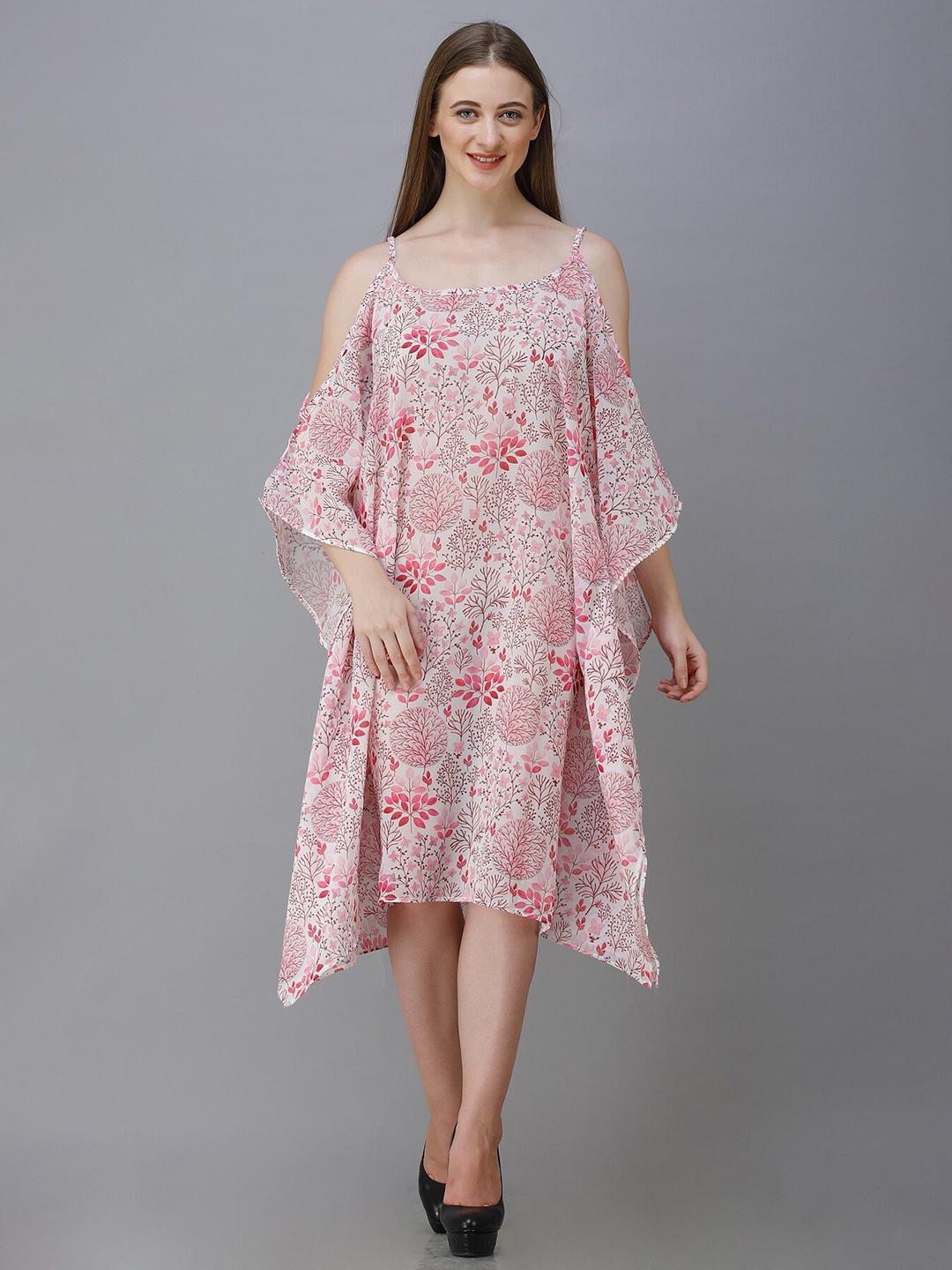 

Rajoria Instyle Women Pink Floral Georgette Ethnic Kaftan Midi Dress