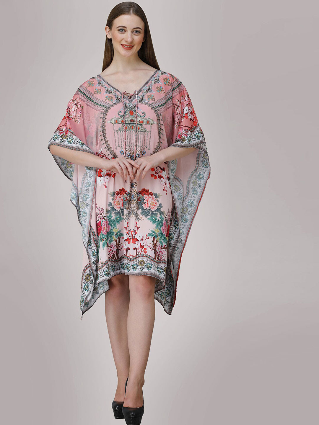 

Rajoria Instyle Women Pink Floral Georgette Ethnic Kaftan Dress
