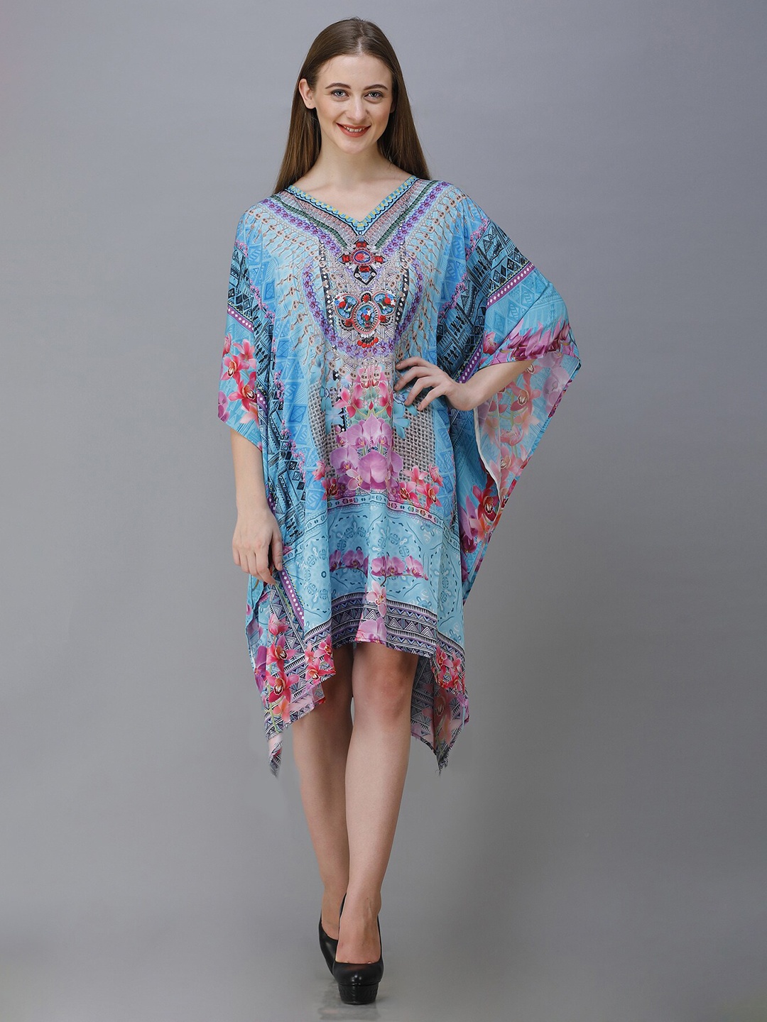 

Rajoria Instyle Women Blue Floral Georgette Ethnic Kaftan Dress