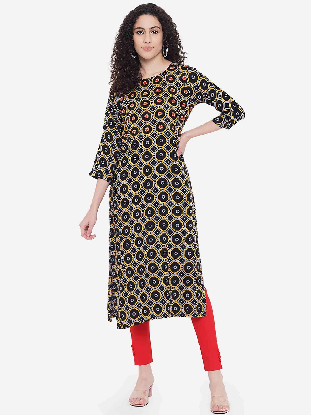 

KALINI Women Black Geometric Printed Kurta