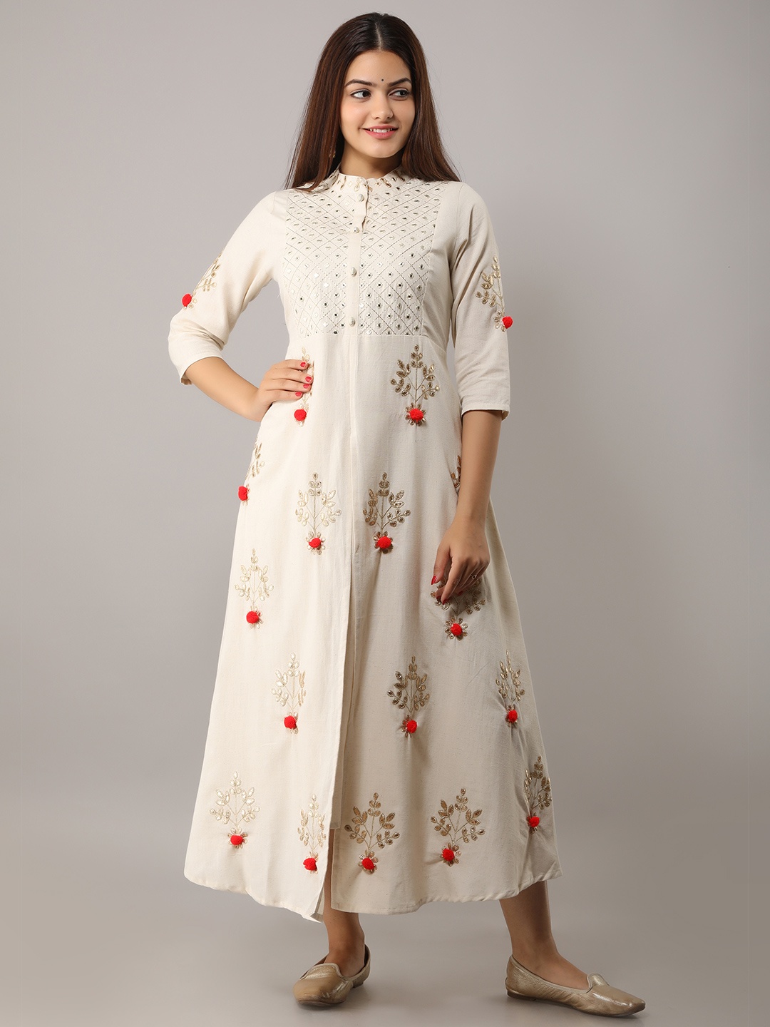 

KALINI Women White Geometric Printed Thread Work Anarkali Kurta