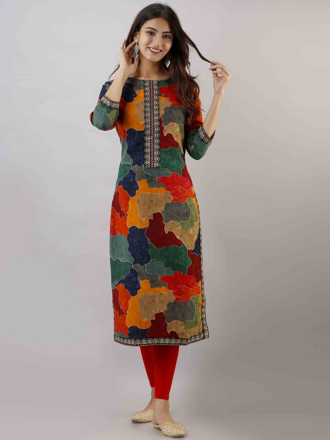 

KALINI Women Red & Mustard Yellow Thread Work Straight Kurta