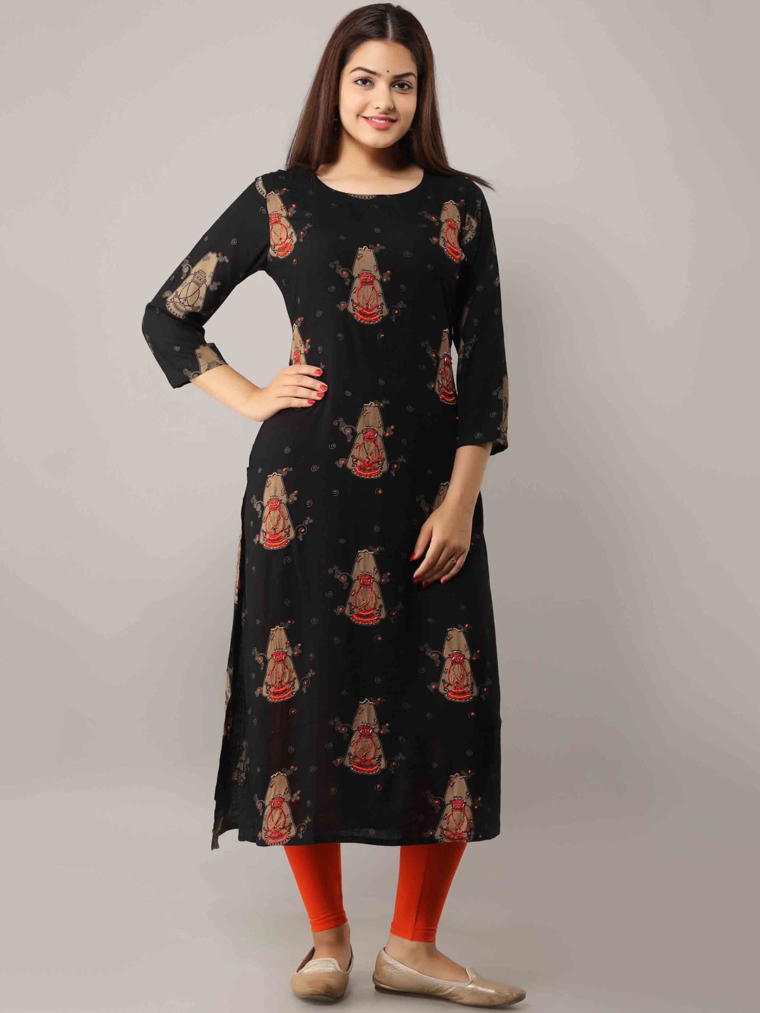 

KALINI Women Black & Red Ethnic Motifs Printed Kantha Work Kurta