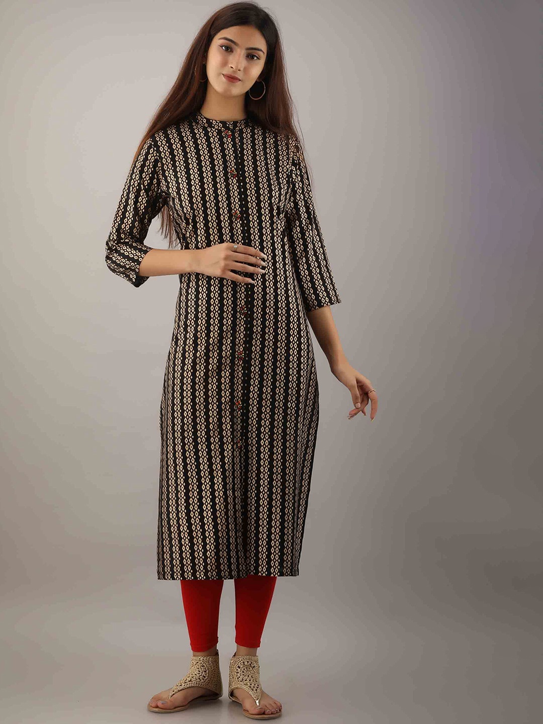 

KALINI Women Black Ethnic Motifs Striped Thread Work Kurta