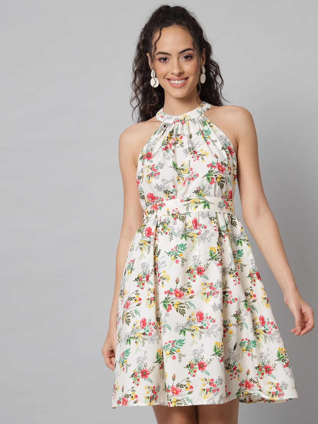 

Emeros Aesthetic Florals Halter Neck Off-White Dress