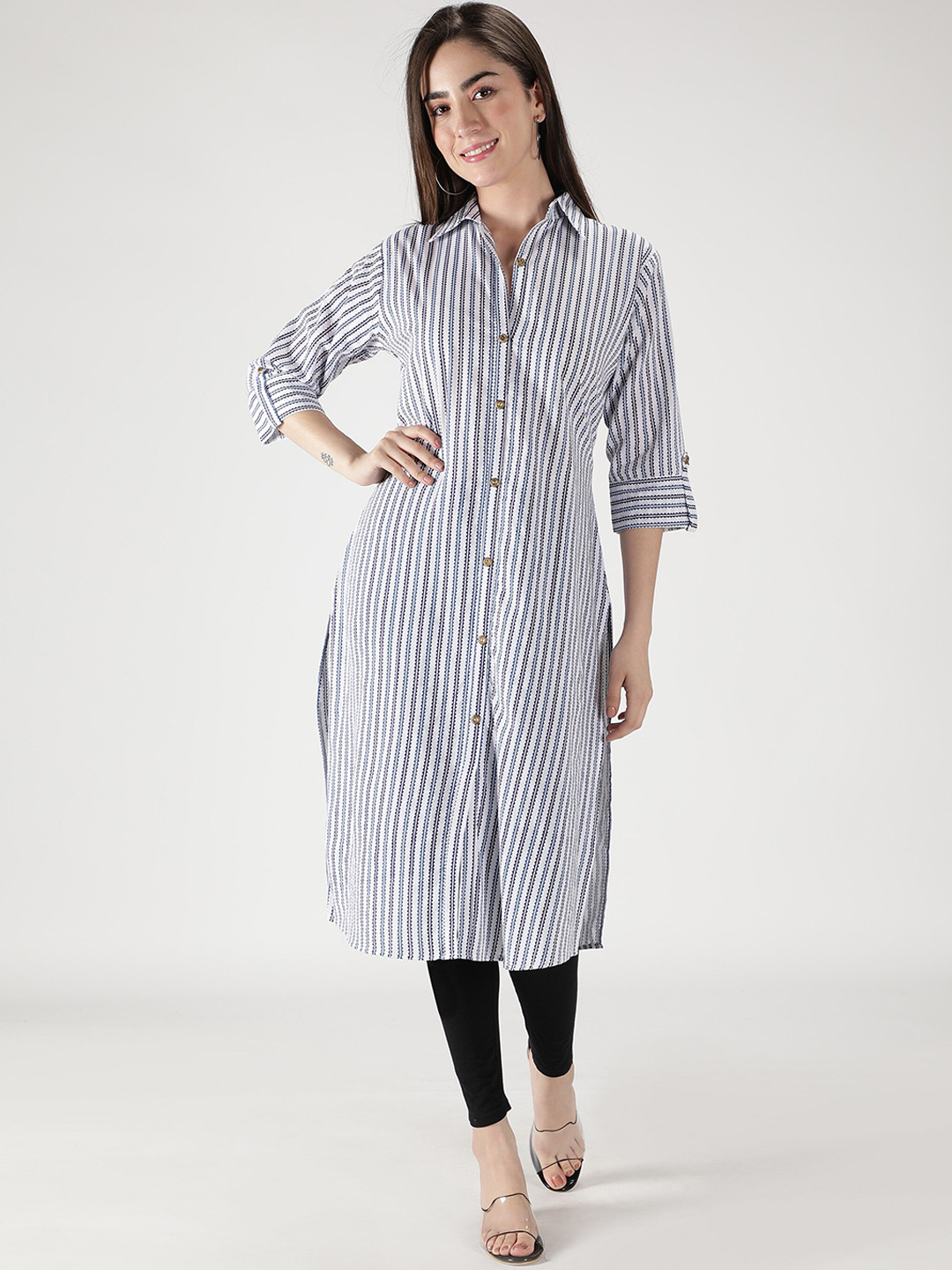 

Fabclub Women White & Blue Striped Kurta