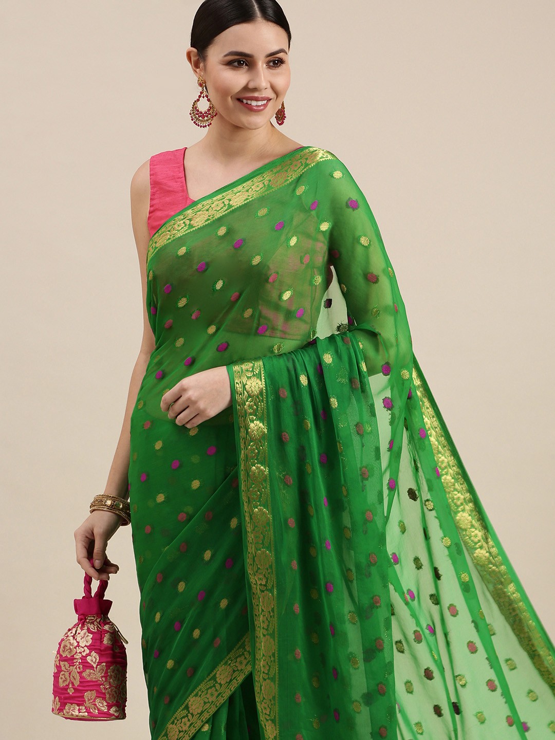 

Rani Saahiba Green Zari Woven Chiffon Saree