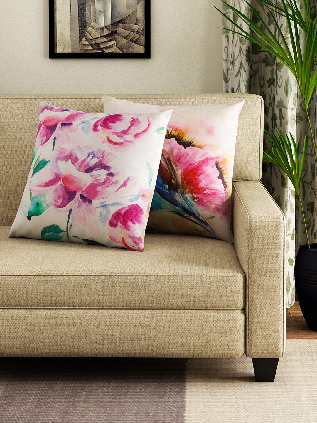 

HOUZZCODE Off-White Set of 2 Printed Double-Sided 16'' x 16'' Square Cushion Covers