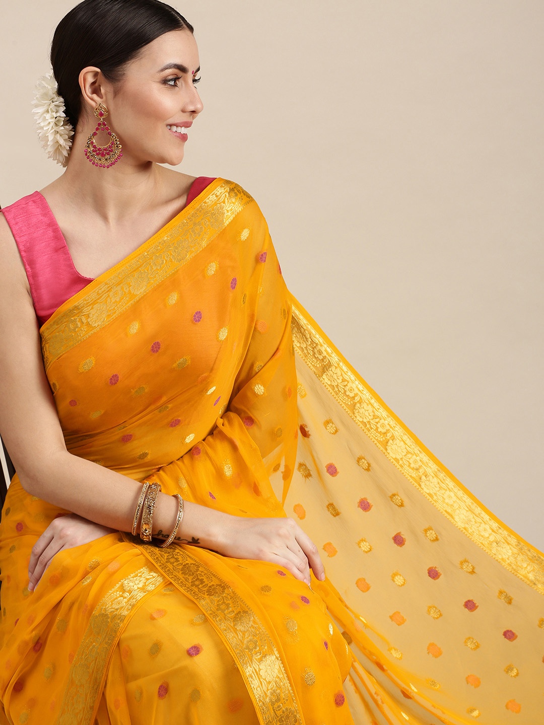 

Rani Saahiba Mustard Y& Gold-Toned Woven Design Saree