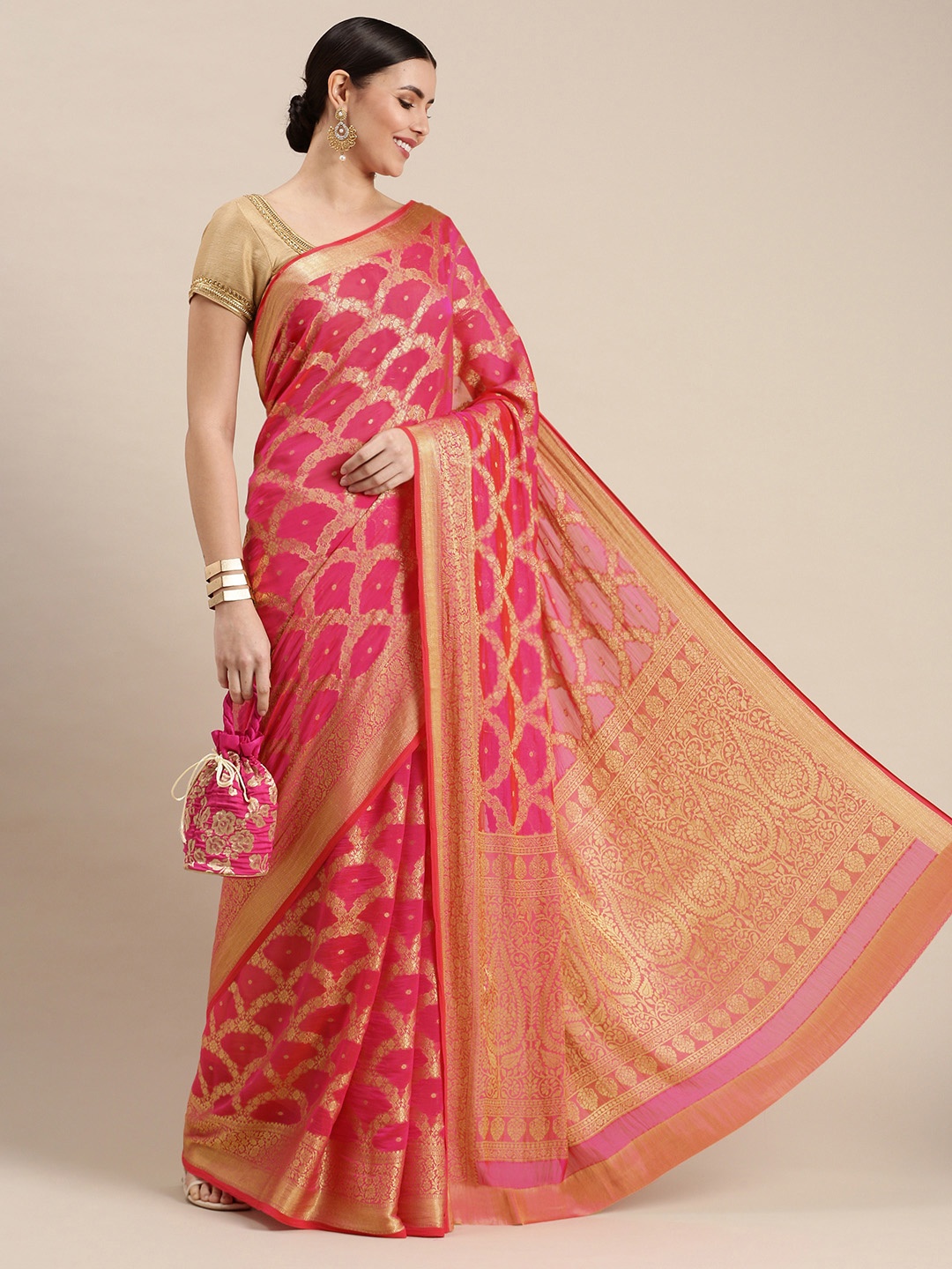 

Rani Saahiba Pink & Golden Woven Design Saree