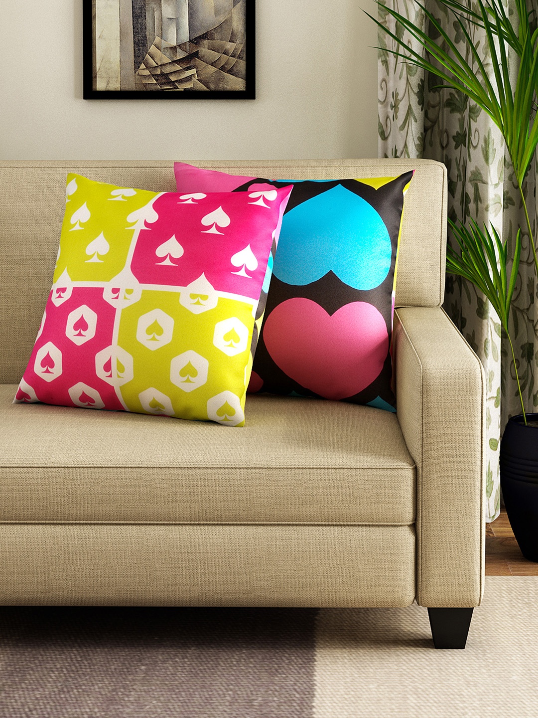

HOUZZCODE Multicoloured Set of 2 Printed 16'' x 16'' Square Cushion Covers, Multi