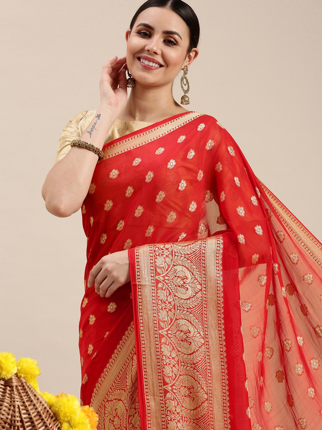 

Rani Saahiba Red & Golden Woven Design Saree