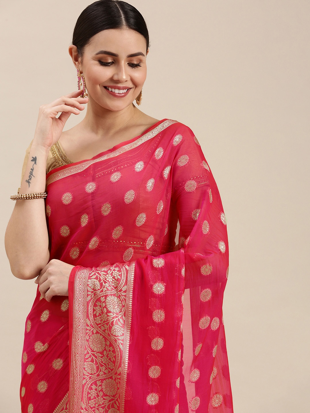 

Rani Saahiba Pink & Golden Woven Design Saree