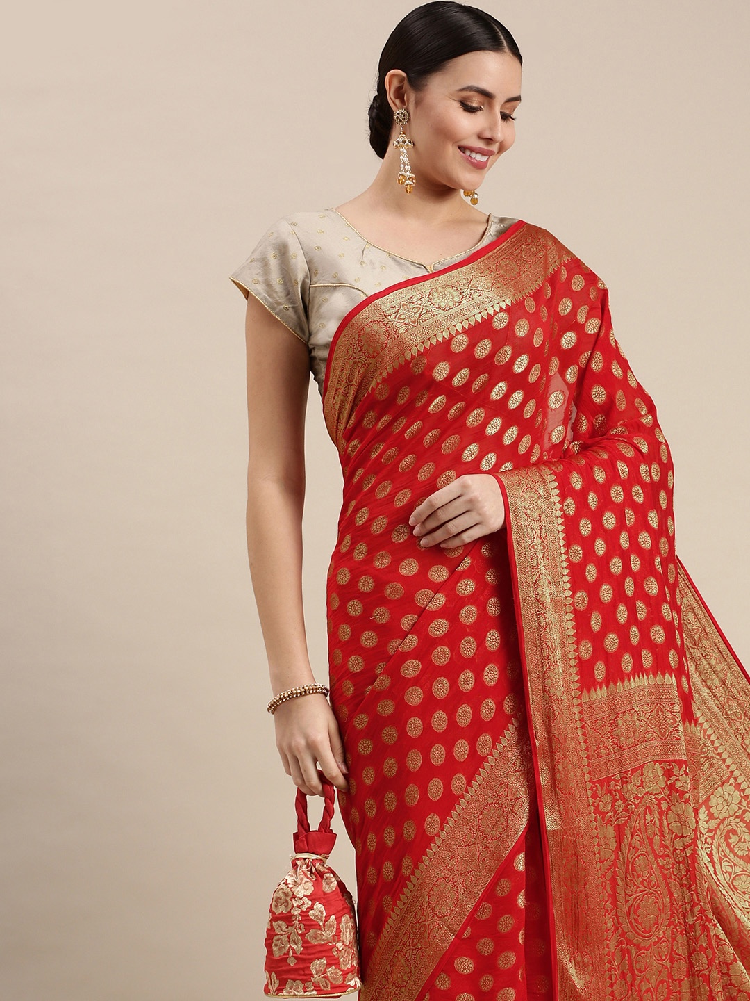 

Rani Saahiba Red & Golden Woven Design Saree