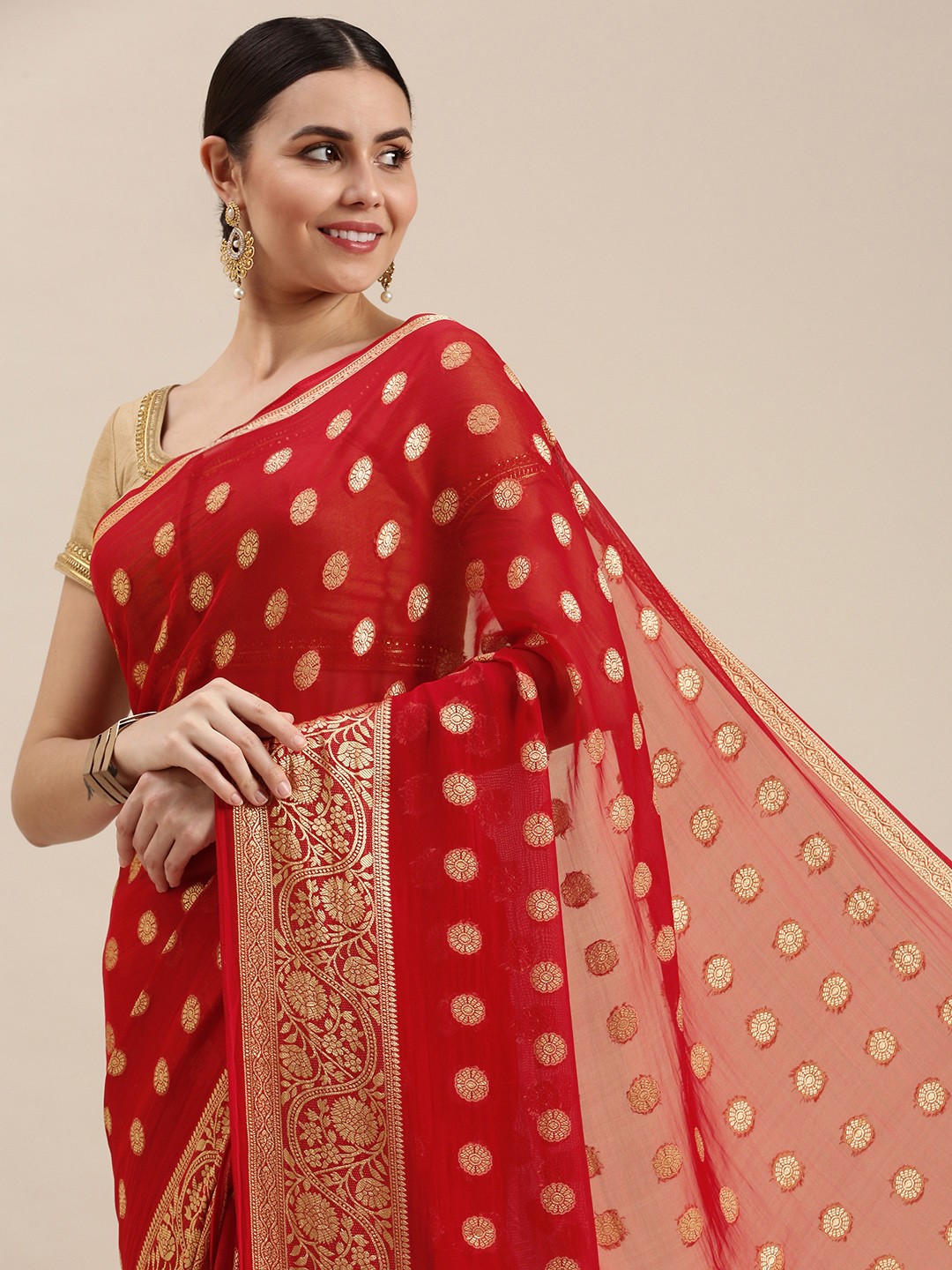 

Rani Saahiba Red & Golden Woven Design Saree