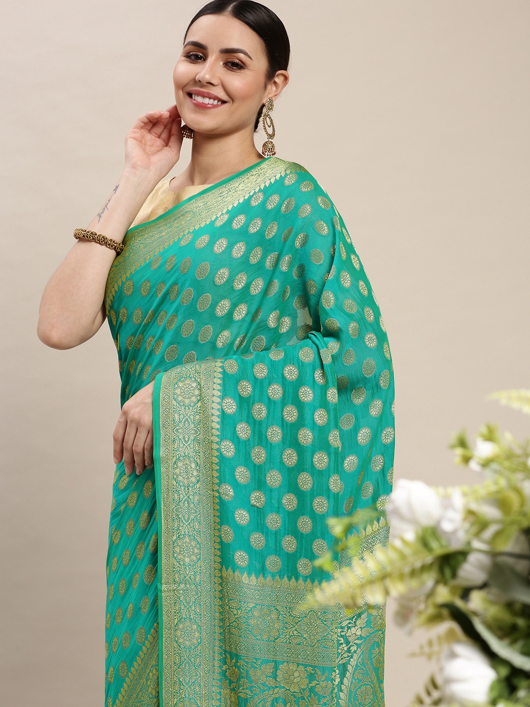 

Rani Saahiba Sea Green & Golden Woven Design Saree