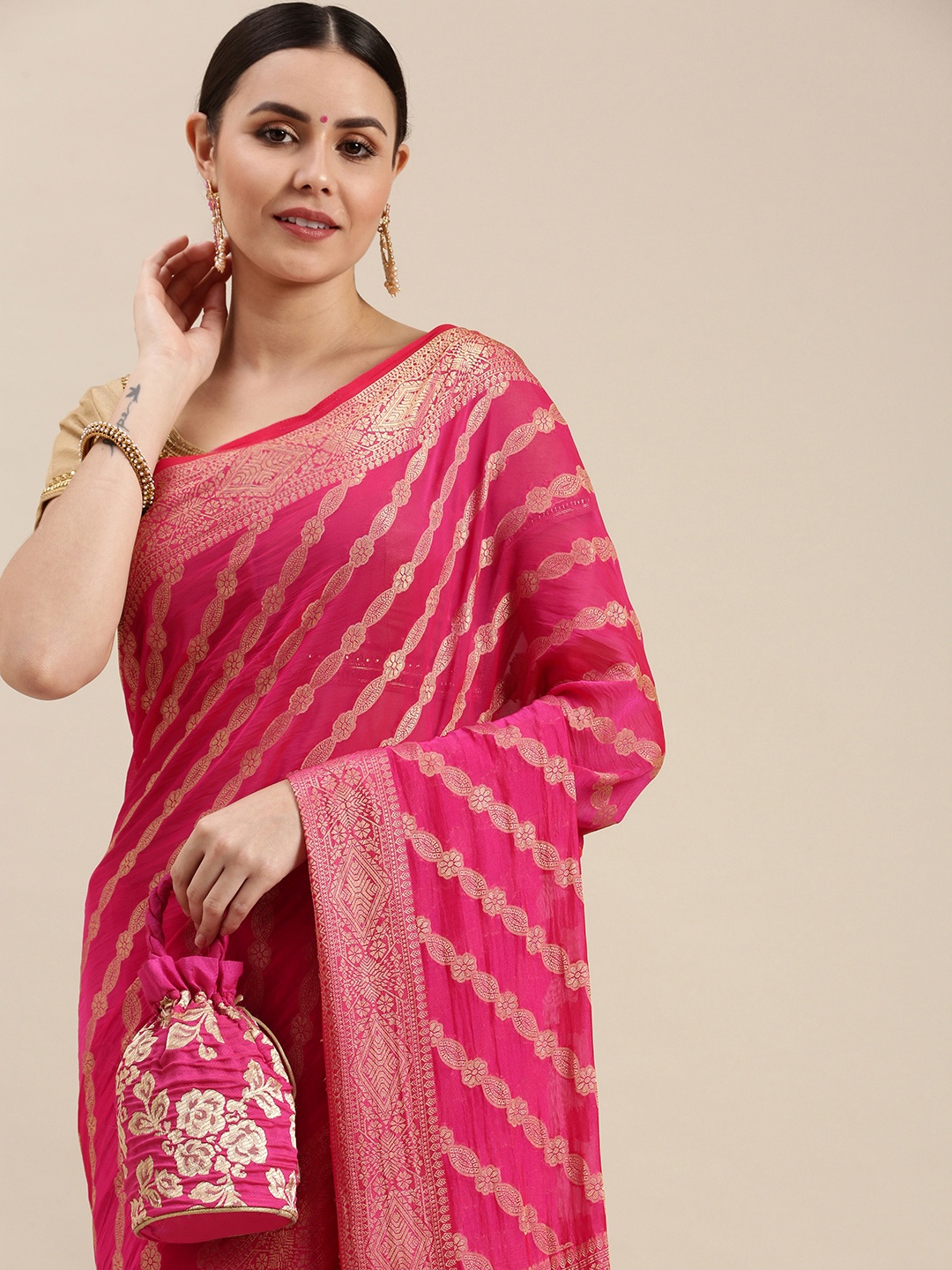 

Rani Saahiba Fuchsia Pink & Golden Woven Design Saree