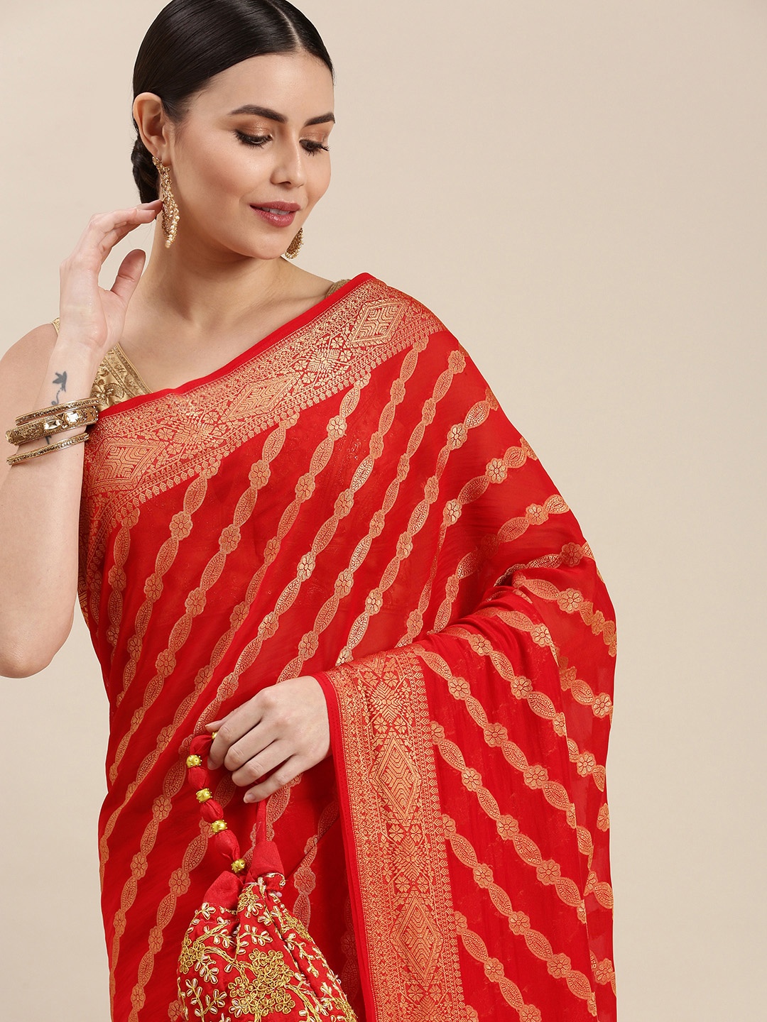

Rani Saahiba Red & Golden Woven Design Saree