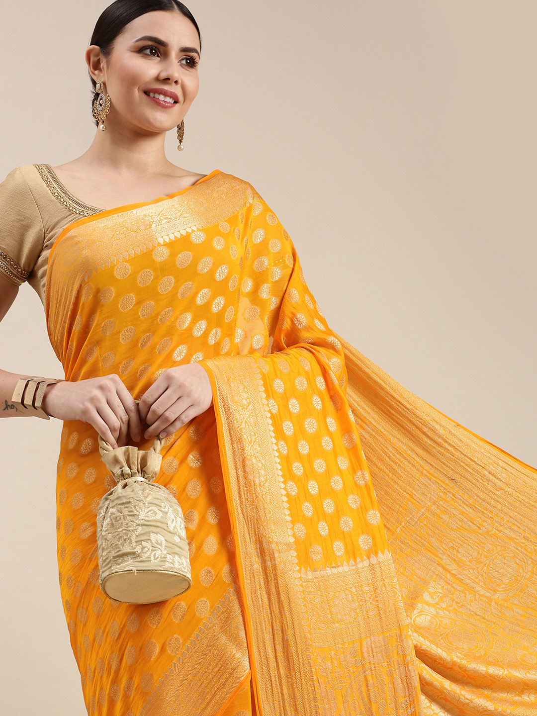 

Rani Saahiba Yellow & Silver-Toned Woven Design Saree