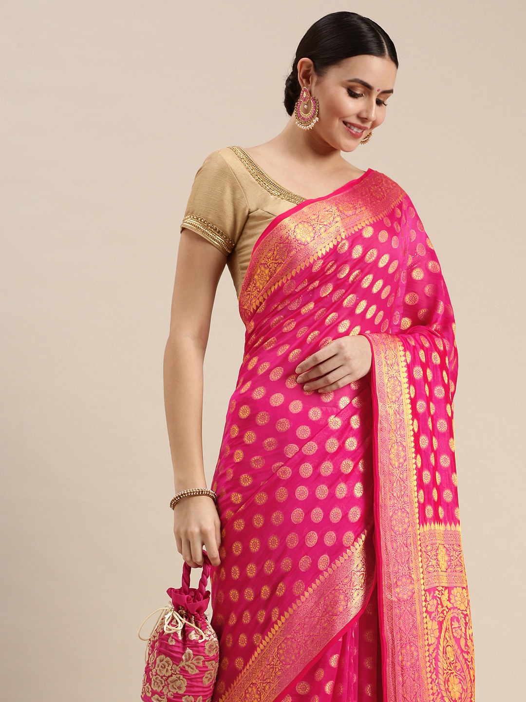 

Rani Saahiba Pink & Golden Woven Design Saree