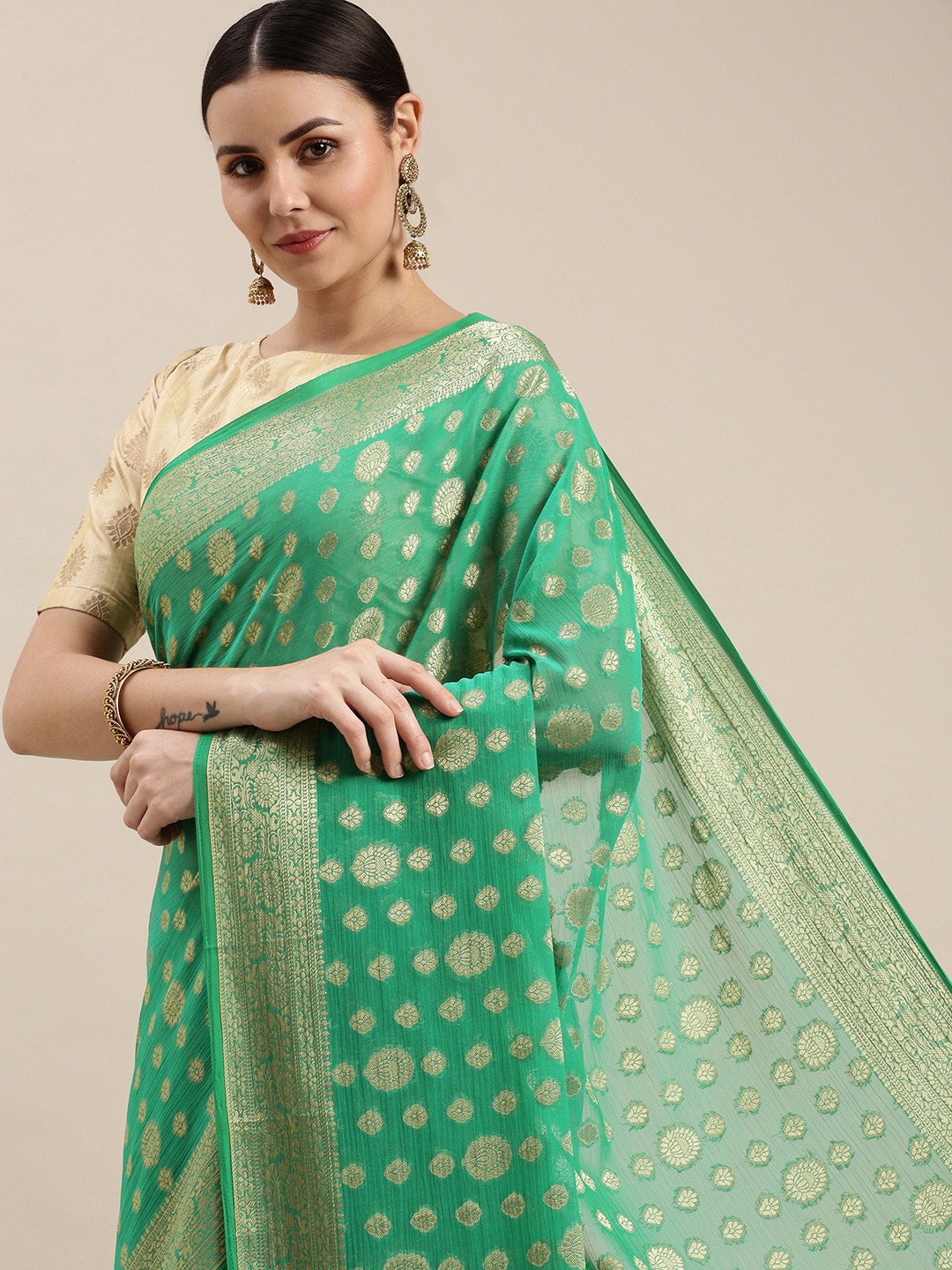 

Rani Saahiba Sea Green & Golden Zari Woven Chiffon Saree