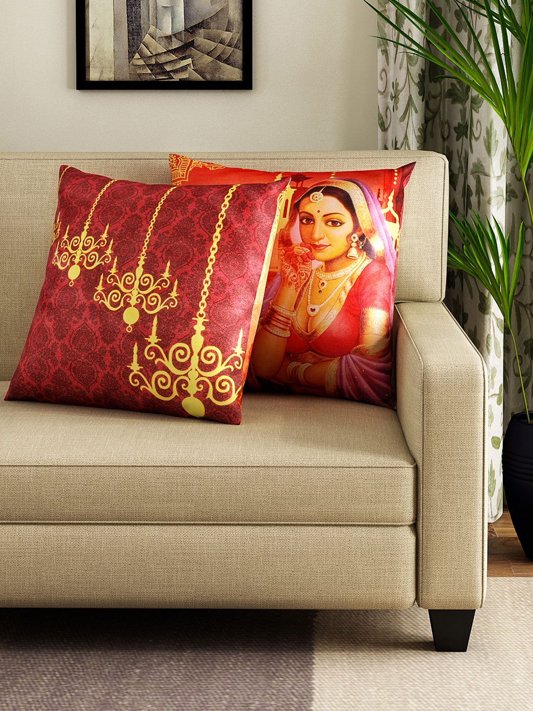 

HOUZZCODE Maroon Set of 2 Printed 16" x 16" Square Cushion Covers