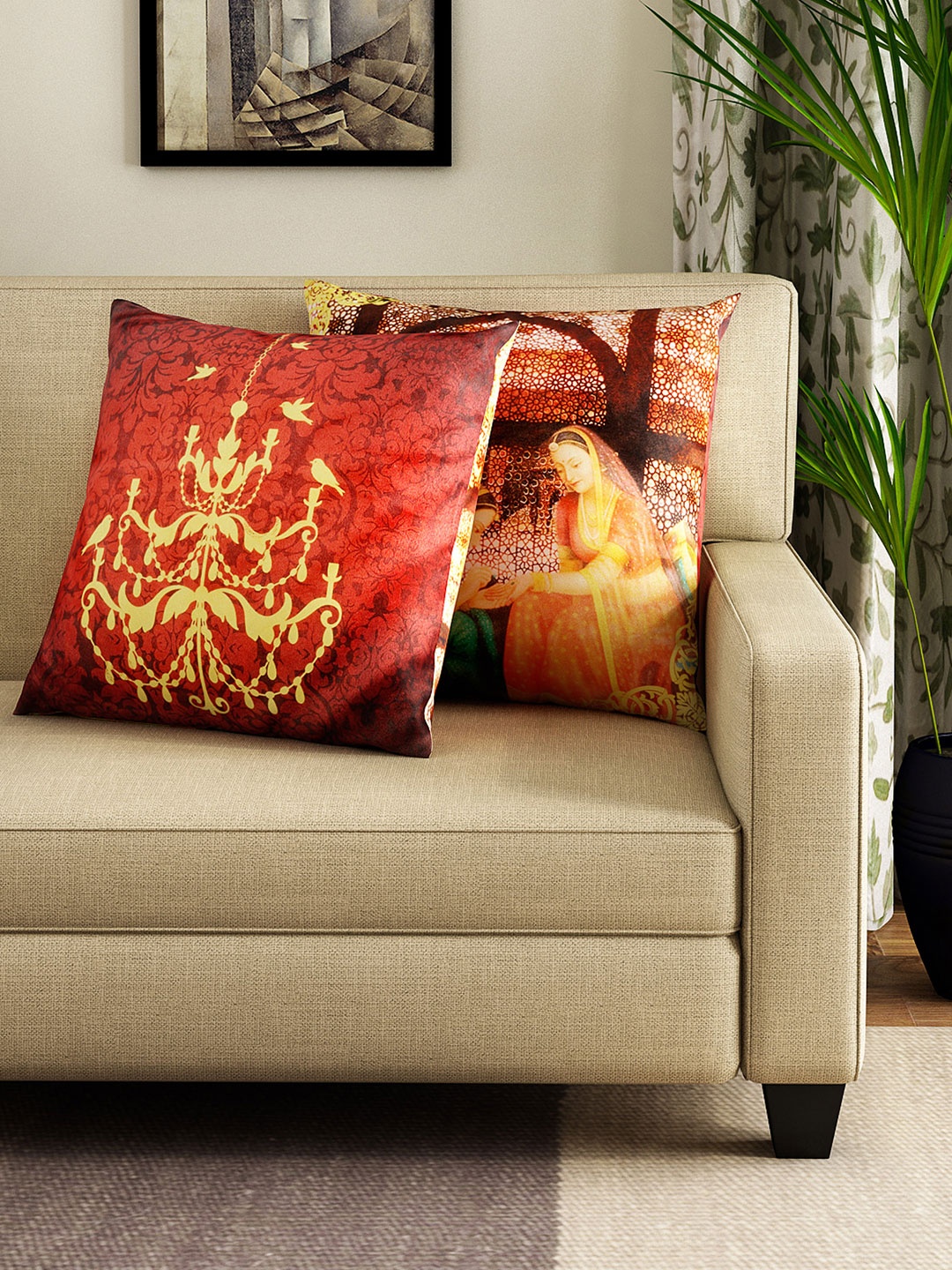 

HOUZZCODE Maroon Set of 2 Printed 16" x 16" Square Cushion Covers