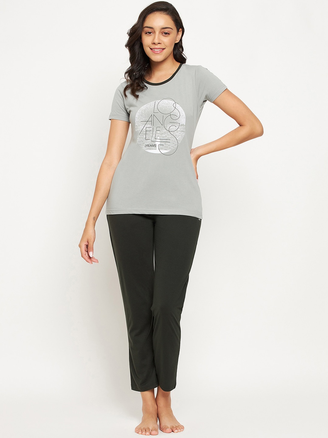 

Okane Women Olive Green & Grey Printed Cotton Night Suit