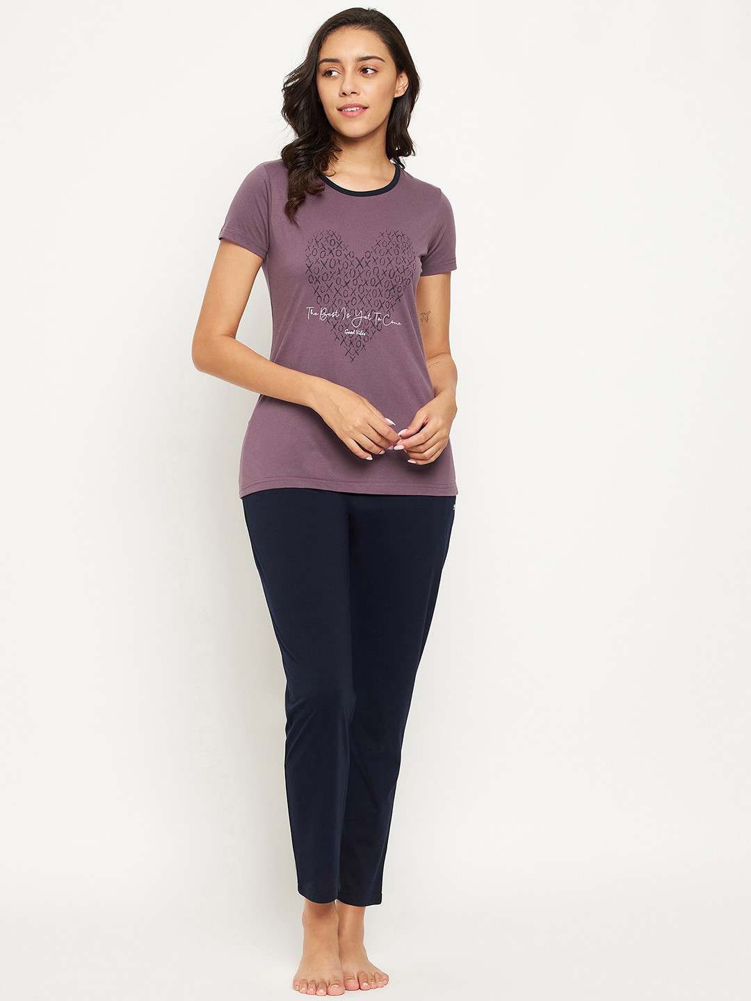 

Okane Women Short Sleeve Purple & Navy Blue Printed Night suit