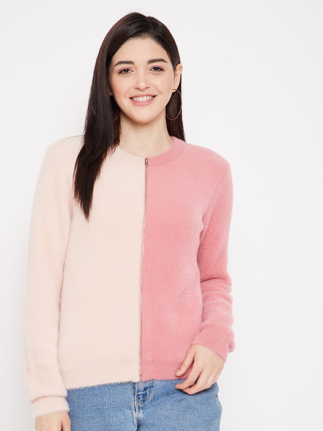 

Madame Women Peach-Coloured & Cream-Coloured Colourblocked Pullover