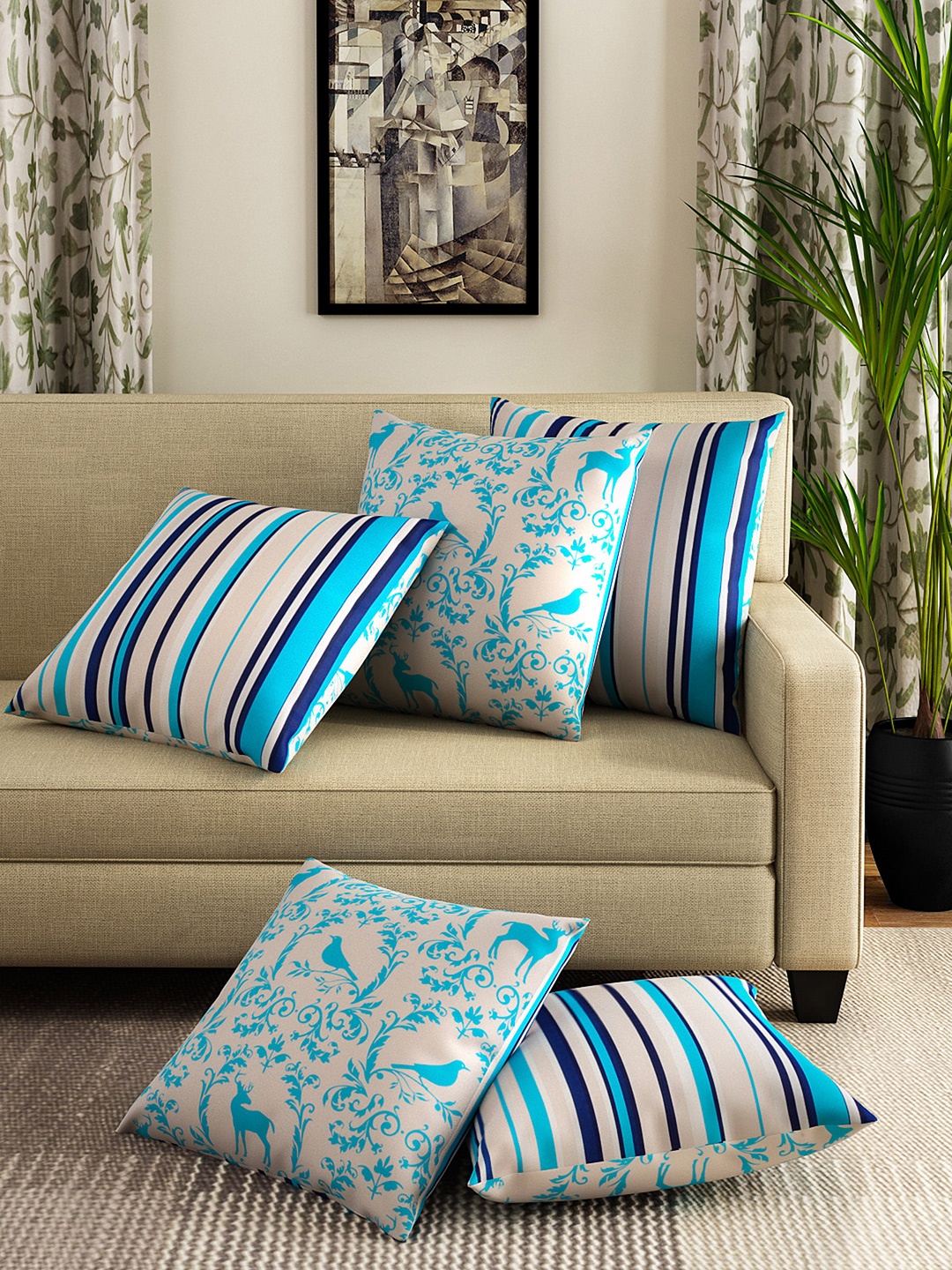 

HOUZZCODE Taupe & Blue Set of 5 Printed Double-Sided 12'' x 12'' Square Cushion Covers