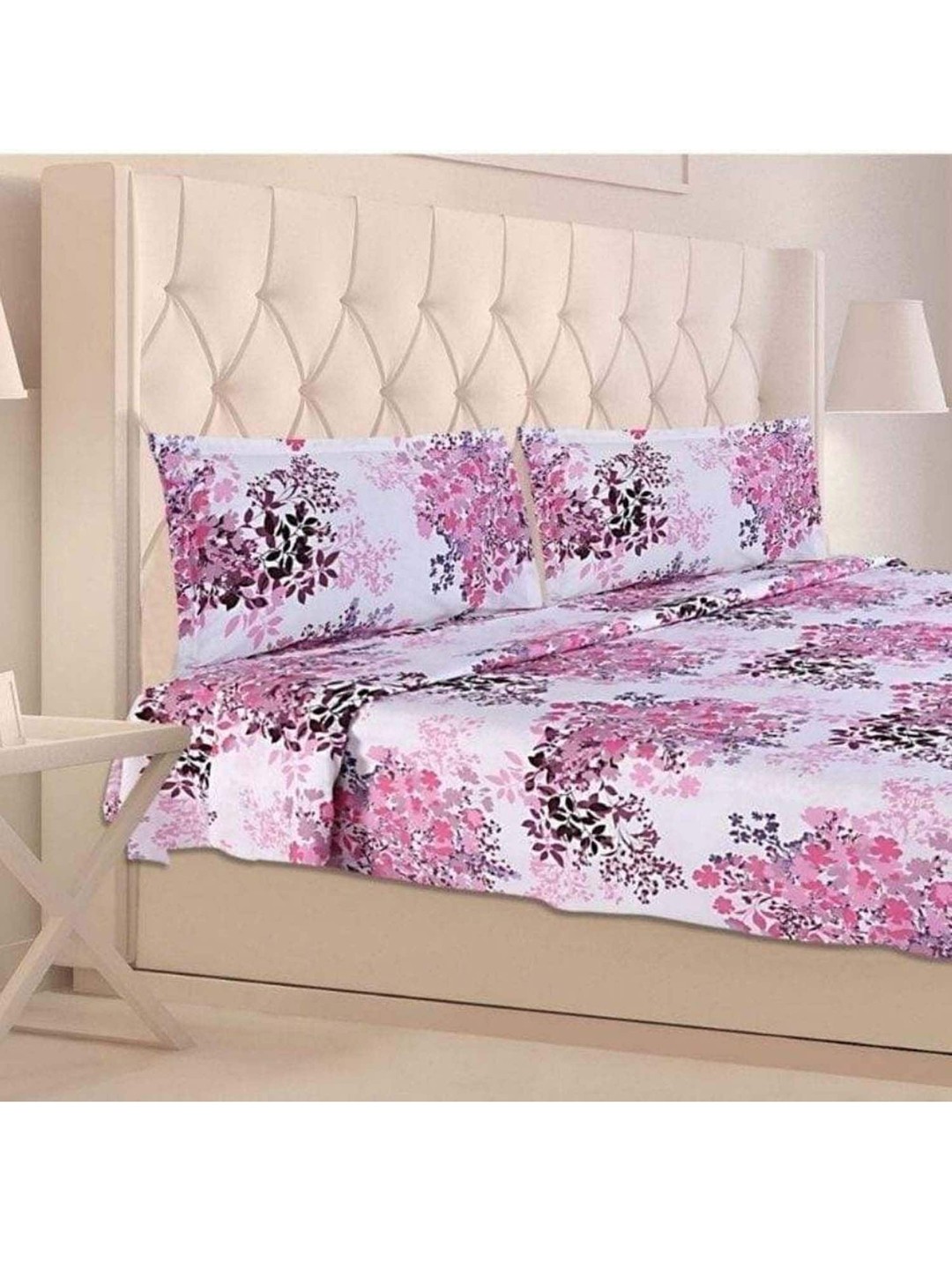 

haus & kinder Pink & White Floral 186 TC King Bedsheet with 2 Pillow Covers